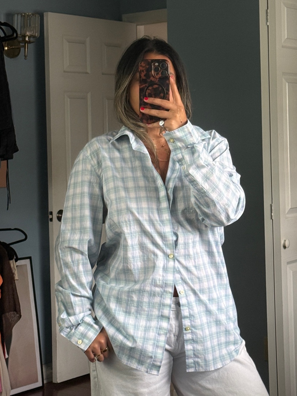 Calvin Klein Mens Cool Tech Non Iron Plaid Button Down Shirt Blue Green Large